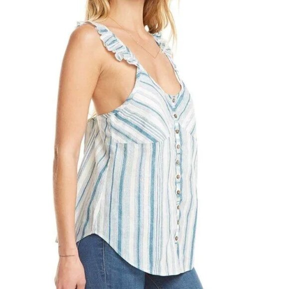 Chaser Beachy Striped Linen Blend Button Down Camisole Tank Top - Picture 2 of 12
